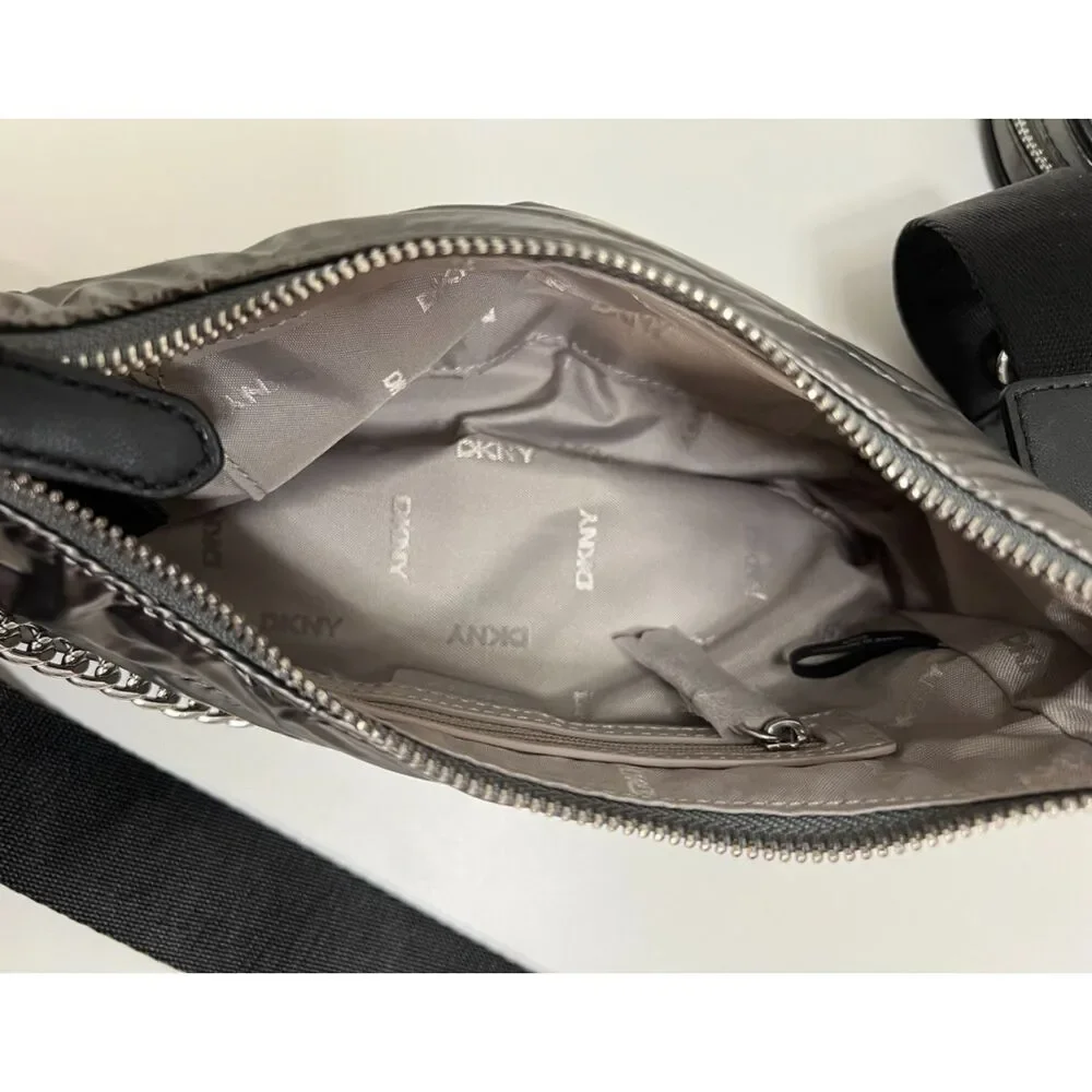 NWT DKNY Metallic Gray Cairo MD Pouchette Quilted Crossbody Bag